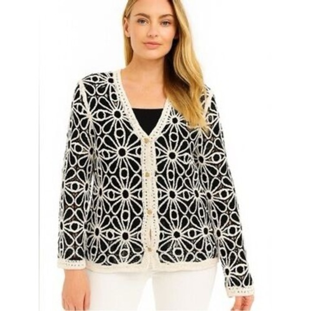 Solitaire Black Cream Floral Daisy Open Knit Crochet Cardigan Summer Sweater XL